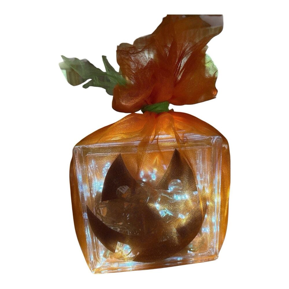 Glass Block Lighted Jack O Lantern Pumpkin Halloween Fall Decoration Table Top